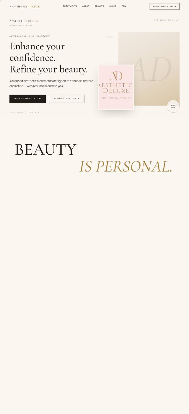 Homepage of the Aesthetics Deluxe Clinic website