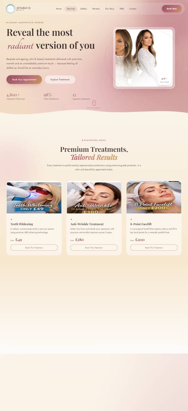 Homepage of the All Dolled Up Beauty website