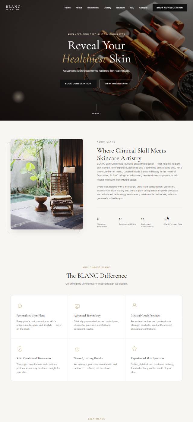 Homepage of the BLANC Skin Clinic website