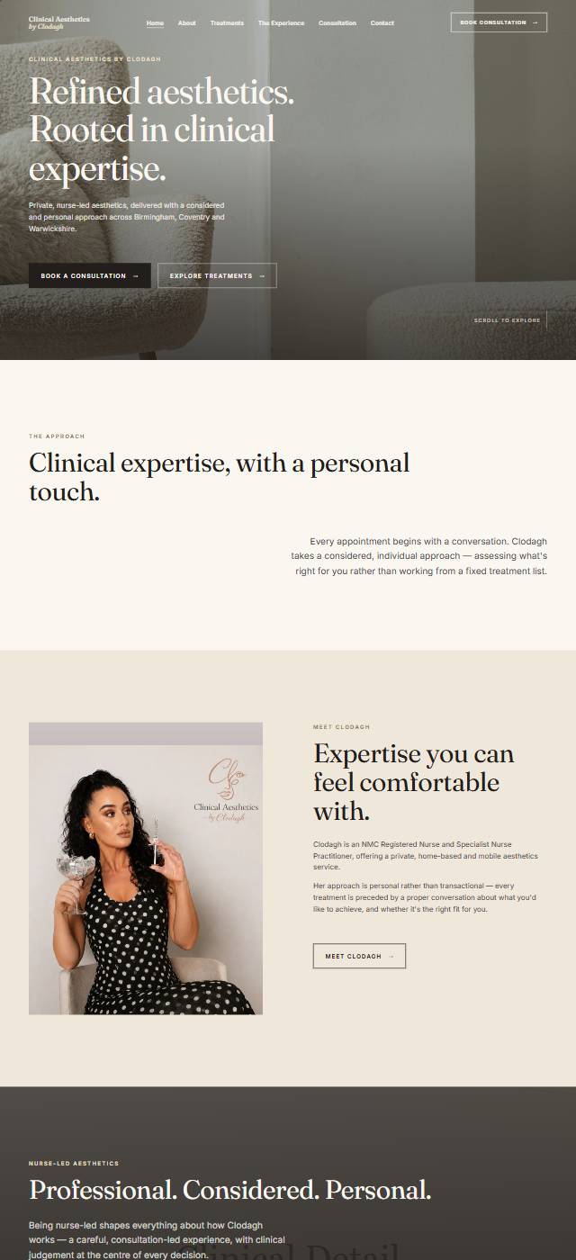 Homepage of the Clinical Aesthetics by Clodagh website