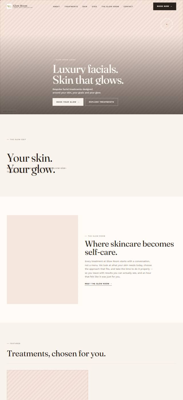 Homepage of the Glow Room Leeds website