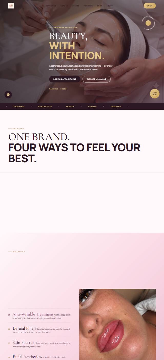Homepage of the MDiamond Aesthetics website