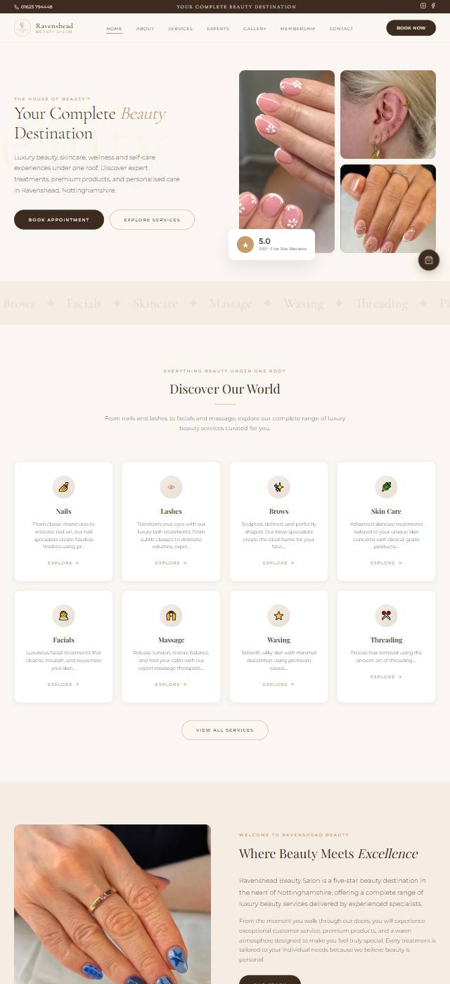 Homepage of the Ravenshead Beauty Salon website
