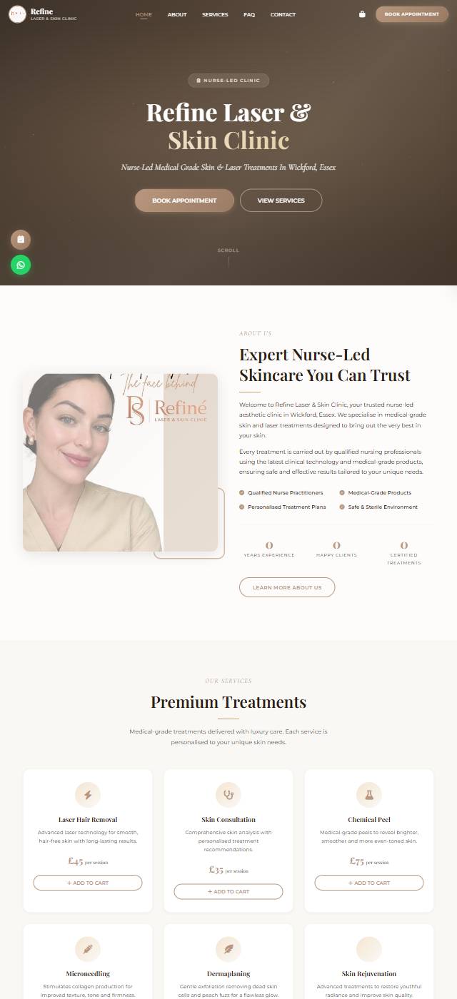 Homepage of the Refine Laser & Skin Clinic website