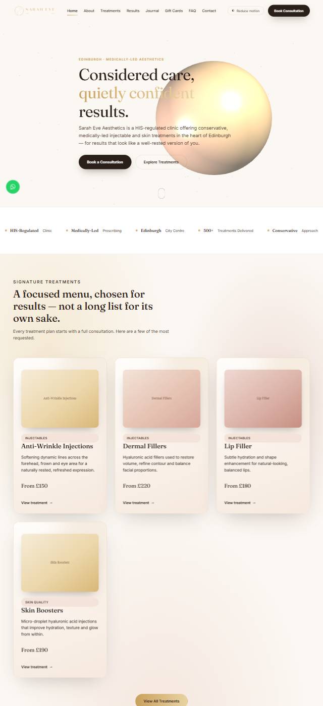 Homepage of the Sarah Eve Aesthetics website