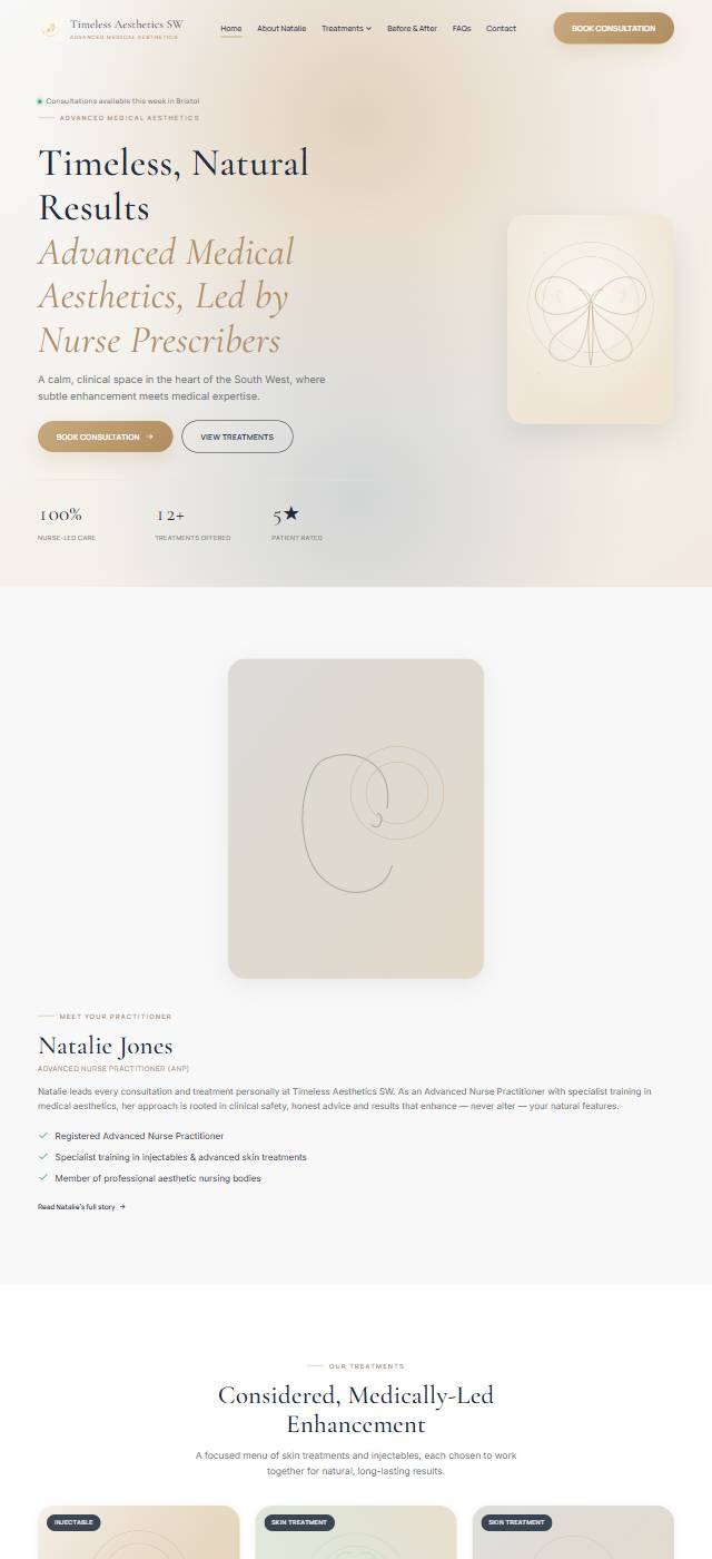 Homepage of the Timeless Aesthetics SW website