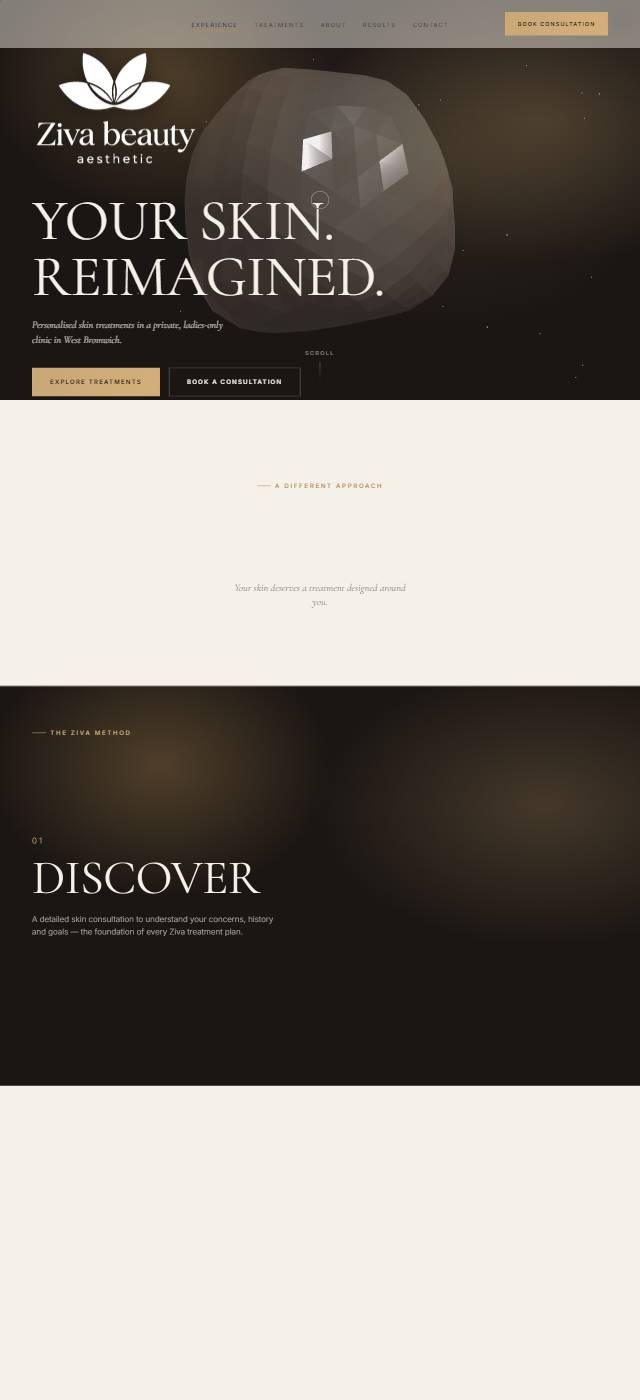Homepage of the Ziva Beauty Aesthetic website