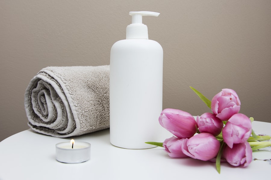 Skincare lotion styled with soft florals
